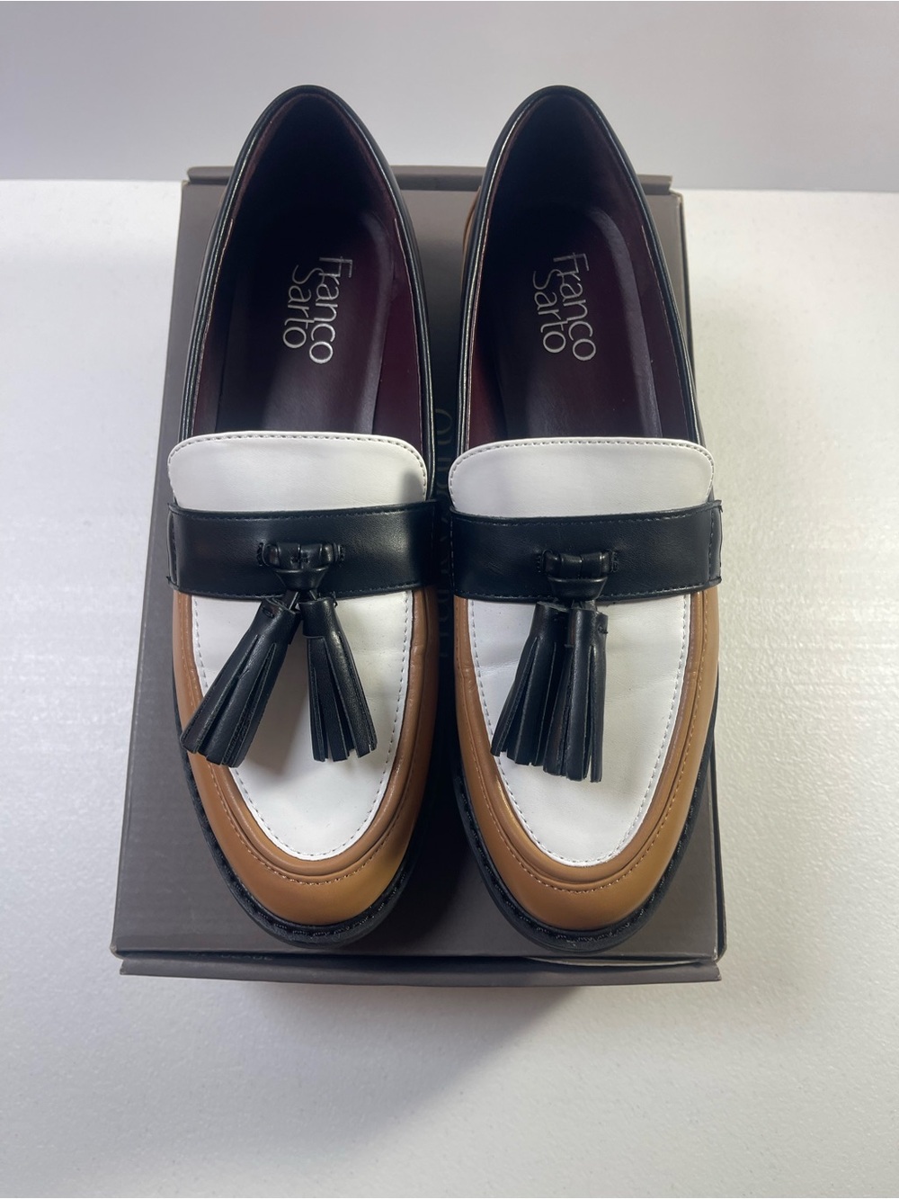 Franco Sarto White Black and Brown Tassel Loafers